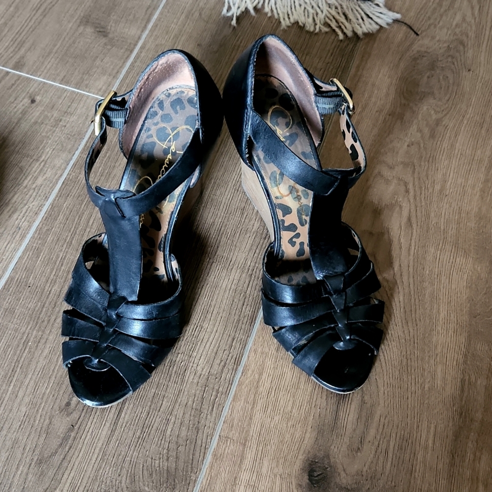 Jessica Simpson wooden wedge heels leather
